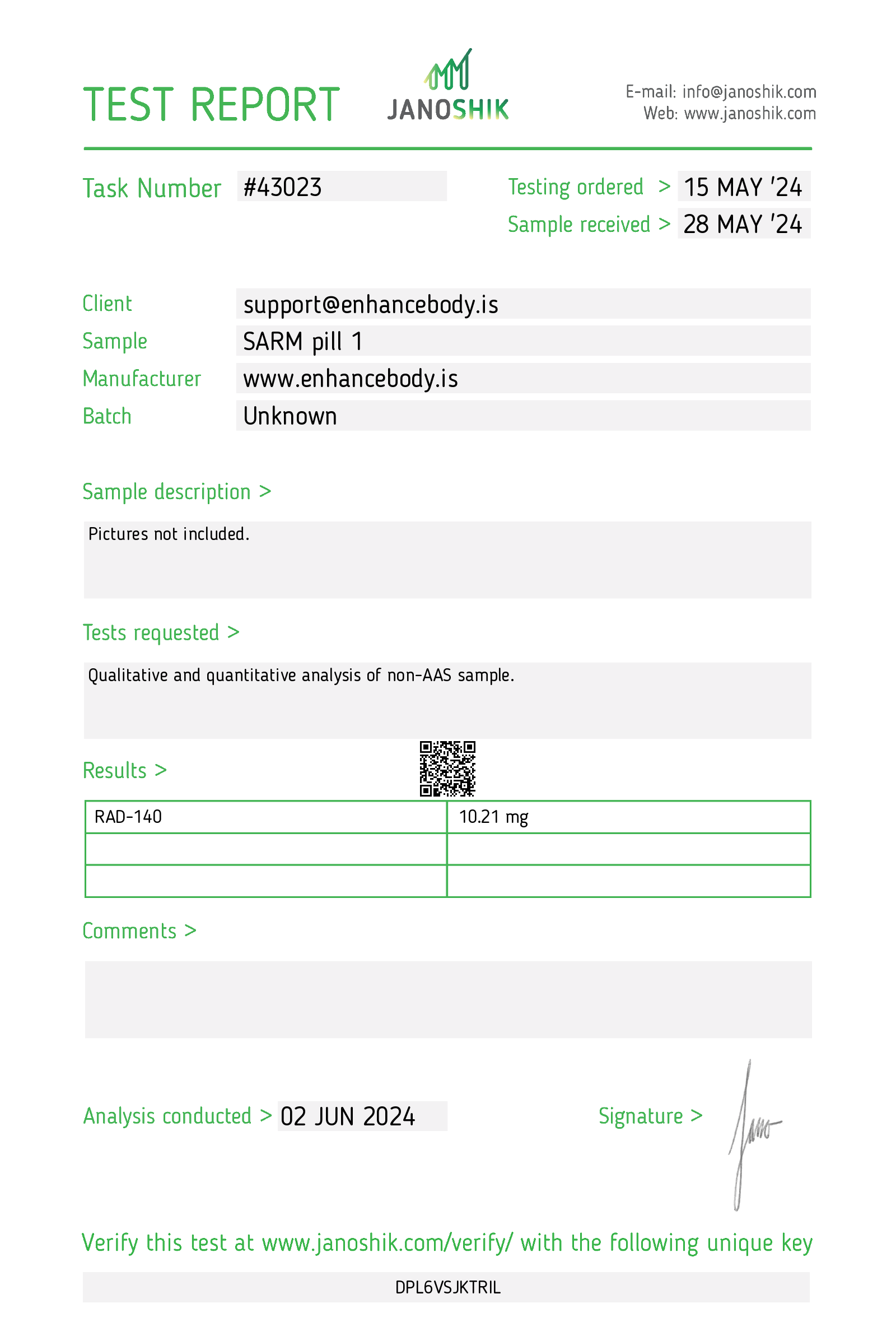 Picture: Enhance Sarms Test report